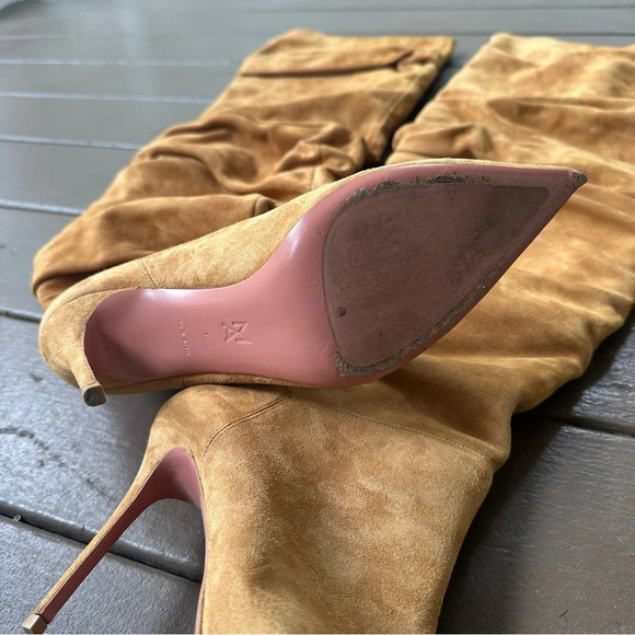 Amina Muaddi Jahleel Over the Knee Ruched Pointed Toe Stiletto Tan Suede Slouch - Picture 4 of 7